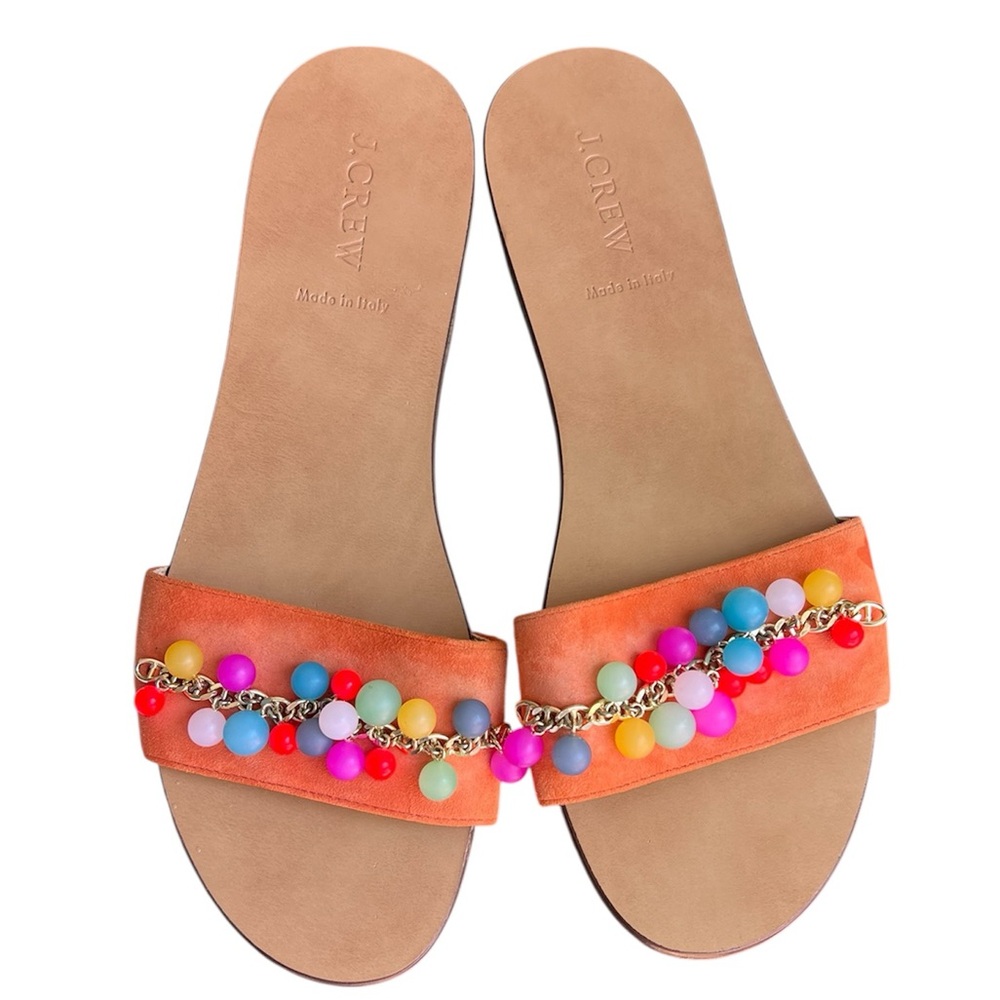 J. Crew Orange Leather Slide Sandals with Multicolor Bead Chain